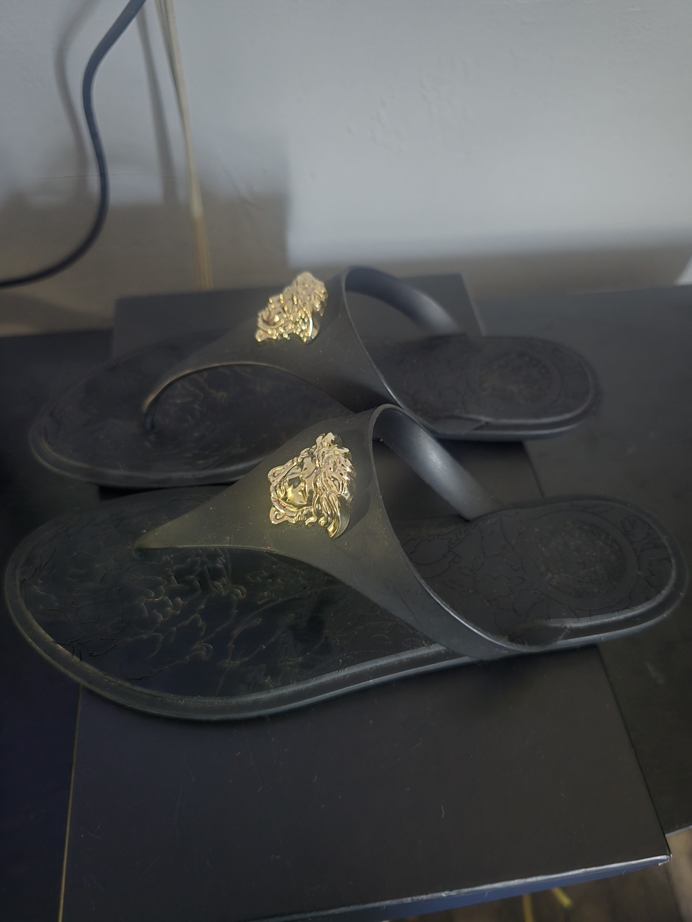 Versace Black Medusa Thong Sandals with Gold Emblem - Picture 2 of 6